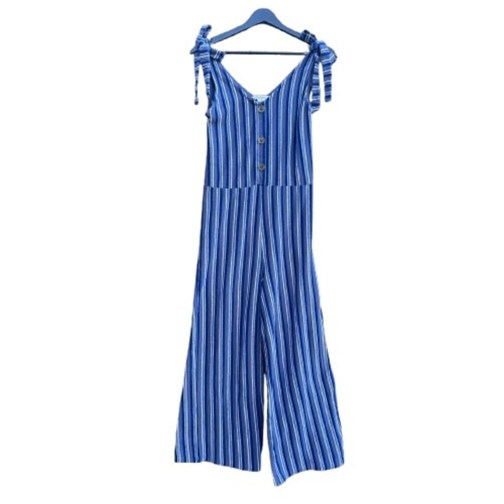 Women Small 100% cotton blue white striped sleeveless wide leg nautical jumpsuit